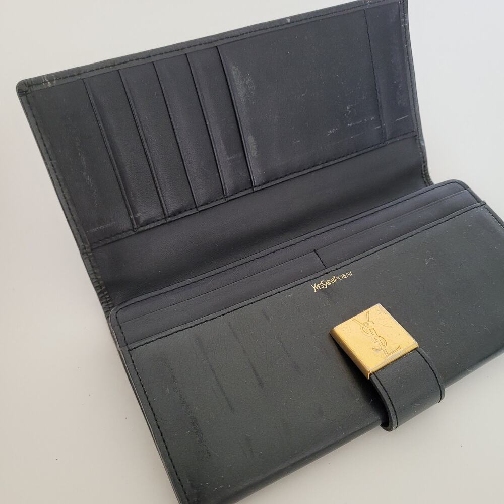 Yves Saint Laurent YSL Vintage Long Large Leather Wallet Black Logo Bifold Retro - Picture 3 of 12